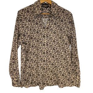 Eddie Bauer Floral Wide Cuff Shirt Women XL Black White Long Sleeve Stretch